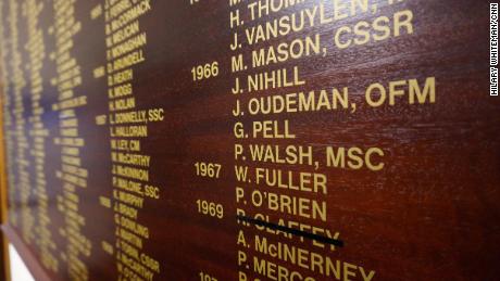 Cardinal George Pell&#39;s name on the honor boards of his old school in Ballarat, St Patrick&#39;s College. It will be struck off with a black line following his conviction.