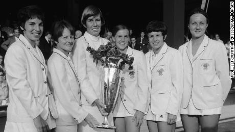 Heldman (far left) poses alongside her victorious teammates after winning the 1970 Wightman Cup, the annual competition between the top female players from the US and UK.