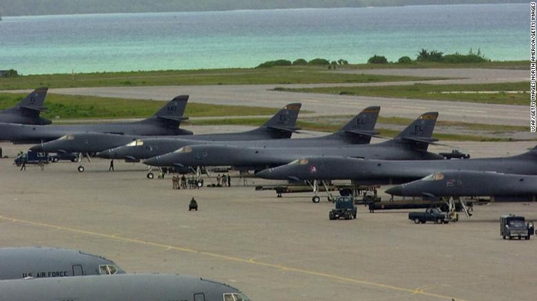 A row of B-1 bombers sits on the tarmac at the US base on Diego Garcia in 2001.
