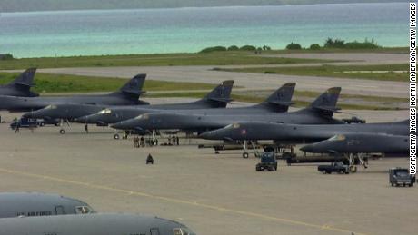 A row of B-1 bombers sits on the tarmac at the US base on Diego Garcia in 2001.