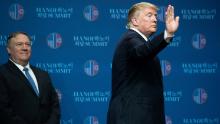 US President Donald Trump (R) and US Secretary of State Mike Pompeo leave after a press conference following the second US-North Korea summit in Hanoi on February 28, 2019. - The nuclear summit between US President Donald Trump and Kim Jong Un in Hanoi ended without an agreement on February 28, the White House said after the two leaders cut short their discussions. (Photo by SAUL LOEB / AFP)        (Photo credit should read SAUL LOEB/AFP/Getty Images)