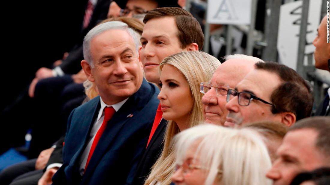 From left, Netanyahu sits beside senior White House advisers Jared Kushner and Ivanka Trump, Israeli President Reuven Rivlin and US Treasury Secretary Steve Mnuchin during the opening of the new US Embassy in Jerusalem in May 2018.