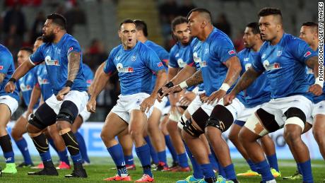 The Samoan team perform the haka before taking on New Zealand in 2017.