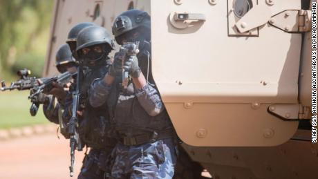 A Burkinabe police officer with the Special Intervention Unit (SIU) fires his AK-47 rifle during a simulated terrorist attack as part of exercise Flintlock 2019 in Ouagadougou, Burkina Faso, Feb. 27, 2019. Members of the SIU were the first responders to the simulated terrorist attack and responsible for neutralizing any threats. (U.S. Army photo by Staff Sgt. Anthony Alcantar)