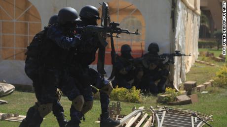 Burkina Faso Soldiers, assigned Special Program Embassy Augmentation Response (SPEAR) assault an objective in Ouagadougou, Burkina Faso on Feb. 27, 2019. SPEAR is a quick response force responsible for responding within minutes to emergencies involving U.S. diplomatic facilities or personnel. This year they participated in Exercise Flintlock 2019 in order to enhance their effectiveness and interoperability with other units. (U.S. Army photo by Spc. Peter Seidler)