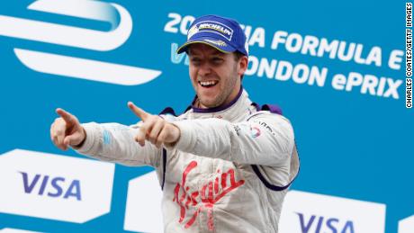 Sam Bird celebrates winning the London ePrix in June 2015.