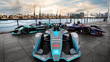 Formula E cars are pictured by the river Thames