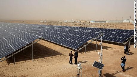 A general view shows a solar plant at the Zaatari refugee camp in Jordan on November 13, 2017. 