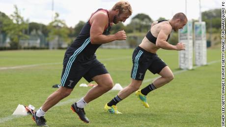 Chris Robshaw and teammate Mike Brown hard at work at Harlequins' training ground in Guildford, UK