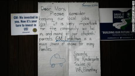 Letters from elementary school kids hang inside the UAW Local 1112 hall in Warren, Ohio.