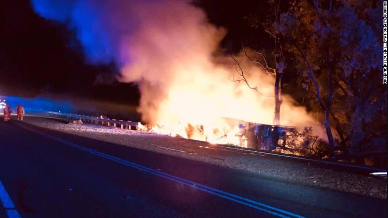 The scene following a car crash near Howard's Road between Wallabadah and Willow Tree in New South Wales, Australia. Police believe the collision is related to the murder of Sydney dentist Preethi Reddy.