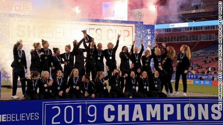 England celebrates winning the SheBelieves Cup at Raymond James Stadium.