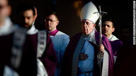 Pope Francis leaves the Basilica of SantAnselmo on March 6, 2019 in Rome.