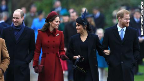 William, Kate, Meghan and Harry attend at the Church of St Mary Magdalene on the Sandringham estate on December 25, 2018.