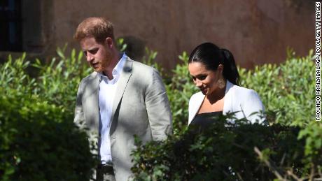 Harry and Meghan walk through the walled public Andalusian Gardens during a visit to Rabat, Morocco in February 2019. 