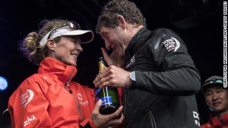 Brouwer and French skipper Charles Caudrelier celebrate after winning the Volvo Ocean Race.