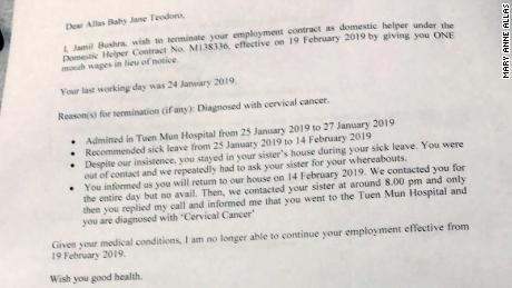 Baby Jane Teodoro Allas' termination letter, served while she was on sick leave.