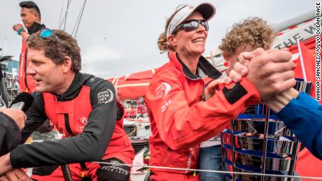 Brouwer is reunited with her son at the Volvo Ocean Race finish in The Hague. 