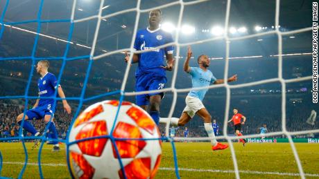 Manchester City forward Raheem Sterling celebrates after scoring against Schalke in the Champions League in February.