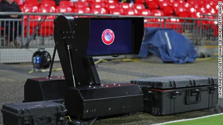 LONDON, ENGLAND - FEBRUARY 13: The VAR monitor is seen pitchside before the UEFA Champions League Round of 16 First Leg match between Tottenham Hotspur and Borussia Dortmund at Wembley Stadium on February 13, 2019 in London, England. (Photo by Catherine Ivill/Getty Images)