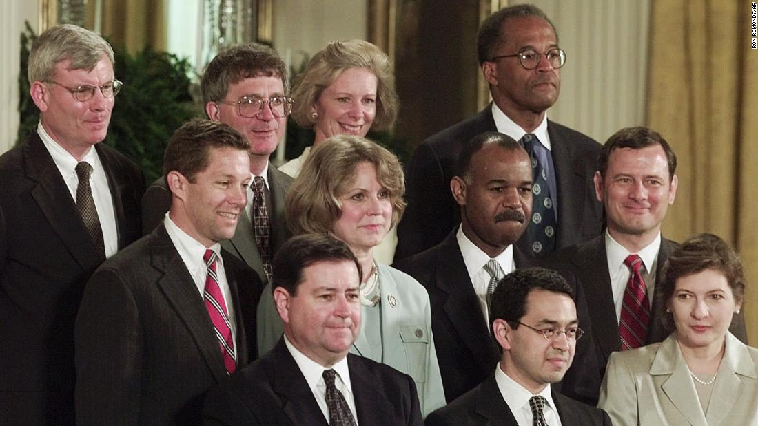 In May 2001, President George W. Bush nominated Roberts  to the US Court of Appeals for the District of Columbia. Roberts is seen at right along with Bush&#39;s other judicial appointments.