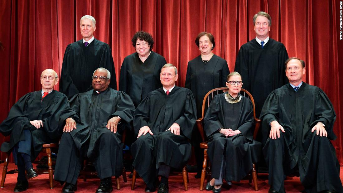 The US Supreme Court, with newest member Brett Kavanaugh, poses for an official portrait in November 2018. In the back row, from left, are Neil Gorsuch, Sonia Sotomayor, Kagan and Kavanaugh. In the front row, from left, are Stephen Breyer, Clarence Thomas, Roberts, Ginsburg and Samuel Alito.
