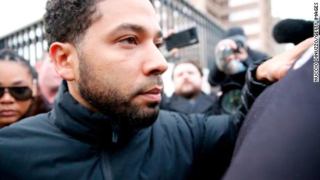 Empire actor Jussie Smollett leaves Cook County jail after posting bond on February 21, 2019, in Chicago.