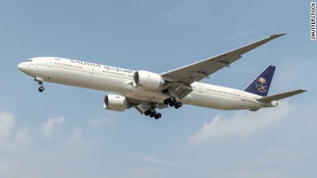 A Saudi Arabian airline plane photographed at Kuala Lumpur International Airport in March 2017.