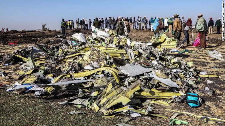 Debris at the crash site of Ethiopian Airlines Flight 302