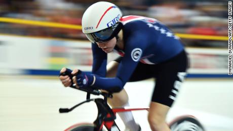 US Kelly Catlin competes  in the women's individual pursuit bronze medal race during the UCI Track Cycling World Championships in Apeldoorn on March 3, 2018.  / AFP PHOTO / EMMANUEL DUNAND        (Photo credit should read EMMANUEL DUNAND/AFP/Getty Images)