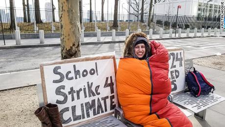 13-year-old Alexandria Villasenor strikes outside the United Nations headquarters in New York City during the polar vortex. 