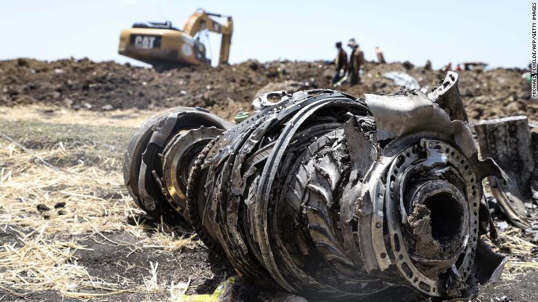 Debris of the crashed Ethiopia Airlines plne near Bishoftu, 60km southeast of Addis Ababa.