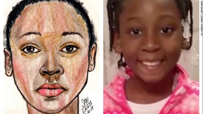 A police sketch of the girl found in the bag (left) identified as Trinity Love Jones, age 9 (right).