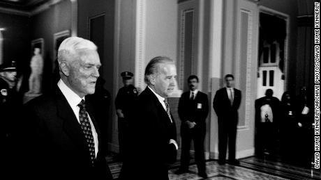 WASHINGTON DC - JANUARY 15: Democratic senators Fritz Hollings and Joe Biden walk through the hallways of the U.S. Capitol Building during a break in the Senate Impeachment Trial of President Bill Clinton on January 15, 1999. (Photo by David Hume Kennerly/Getty Images)