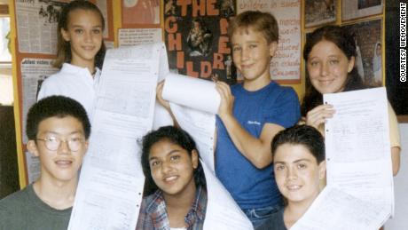 June 1995, and early efforts at advocacy work against child labor. Craig Kielburger (back row, center) with some of the original members of WE, who gathered 3,000 signatures.