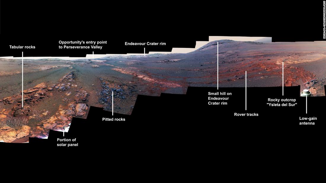 This image is a cropped version of the last 360-degree panorama taken by the Opportunity rover&#39;s panoramic camera from May 13 through June 10, 2018. The view is presented in false color to make some differences between materials easier to see.