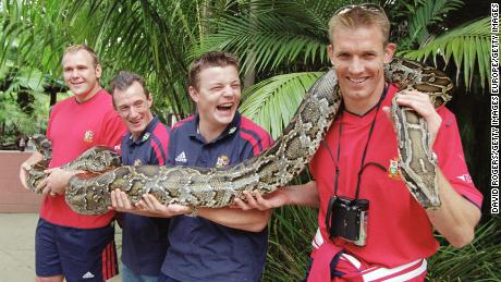 Dafydd James (right) with British and Irish Lions teammates Brian O'Driscoll, Rob Howley, and Scott Quinnell in Australia. 