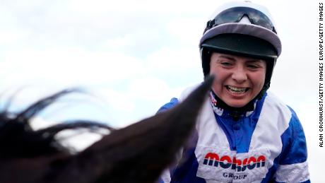 CHELTENHAM, ENGLAND - MARCH 14: Bryony Frost celebrates after riding Frodon to win The Ryanair Chase at Cheltenham Racecourse on March 14, 2019 in Cheltenham, England. (Photo by Alan Crowhurst/Getty Images)