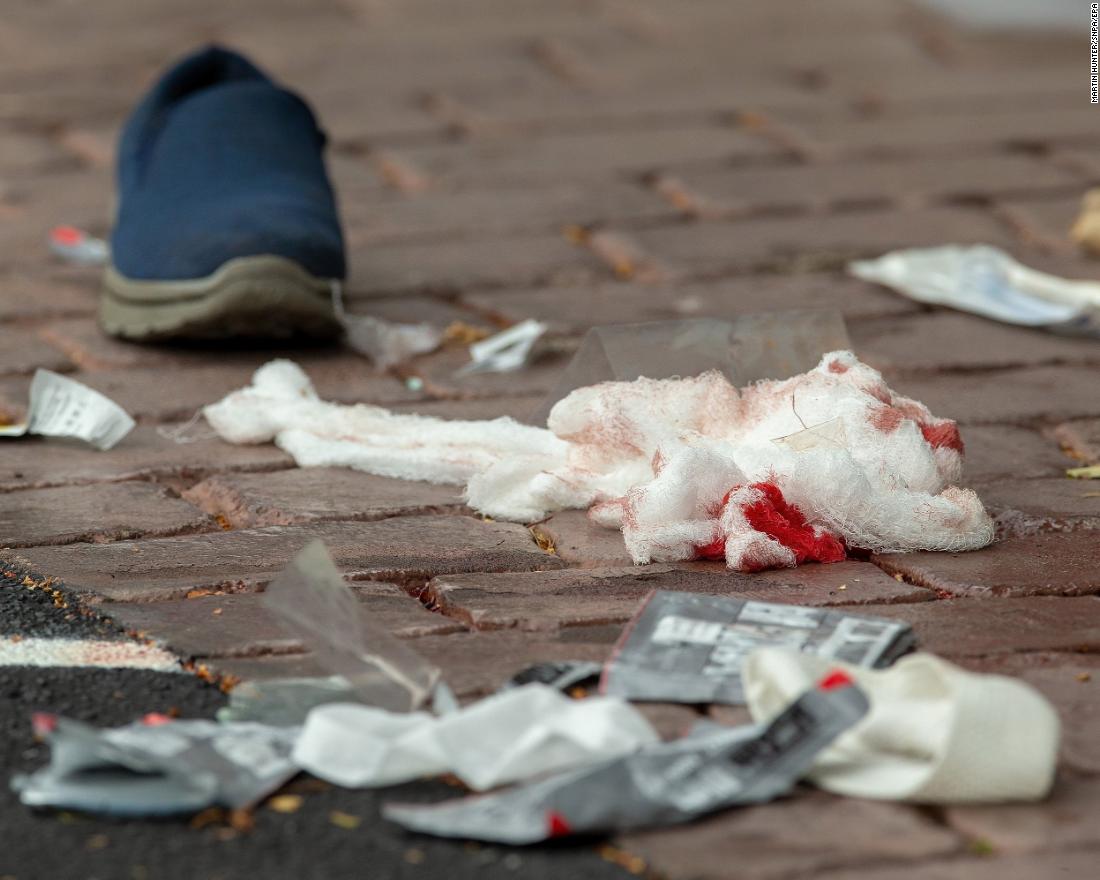 Bloodied bandages litter the road on Deans Avenue.