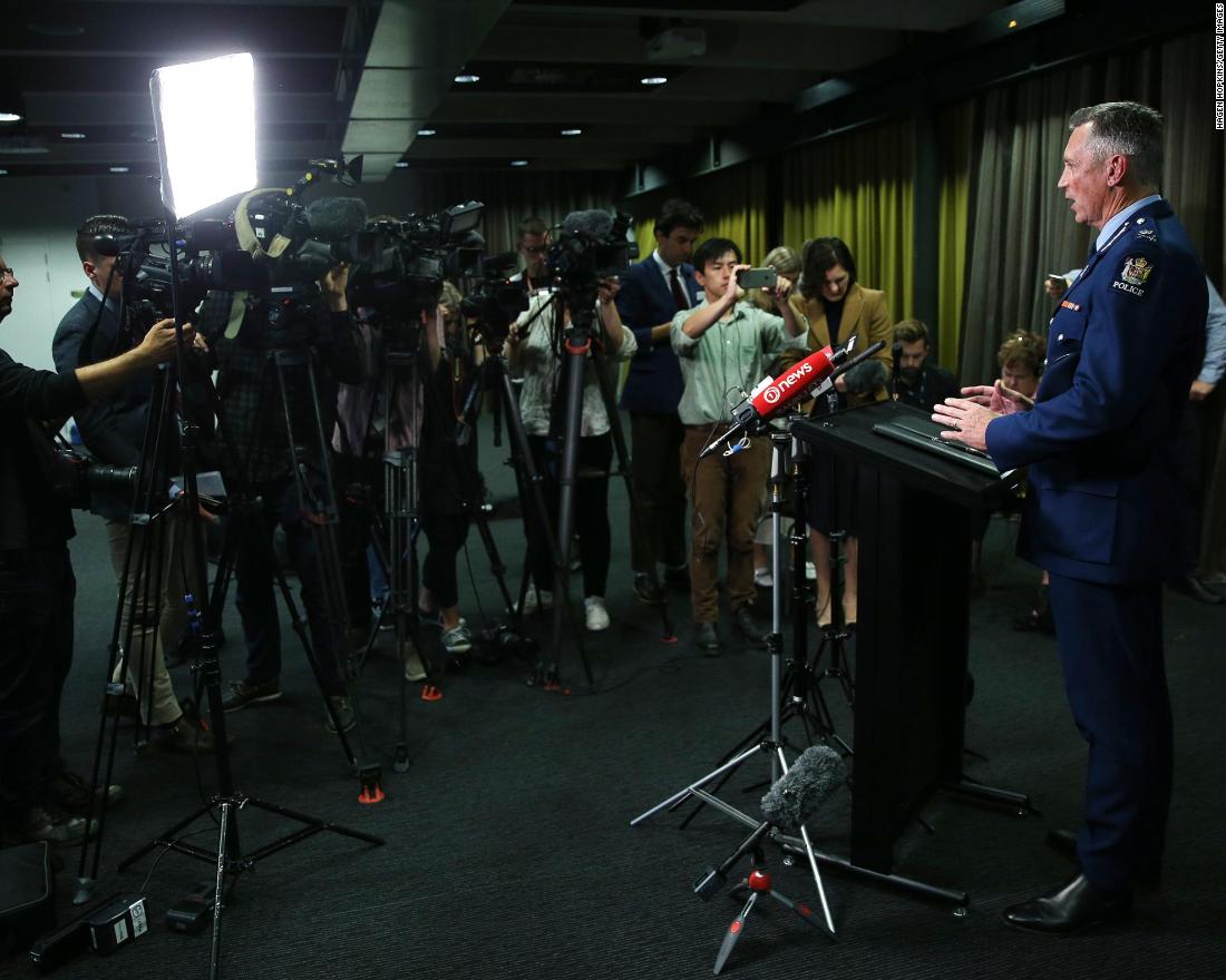 Police Commissioner Mike Bush speaks to the media during a news conference in Wellington. Bush said two improvised explosive devices were attached to a vehicle as part of the attack. One device was disabled and authorities were working on the other.