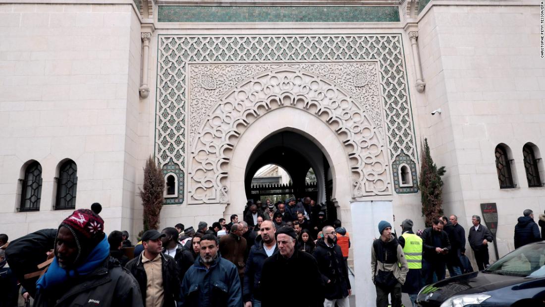 Worshippers leave the Great Mosque of Paris after Friday prayers.