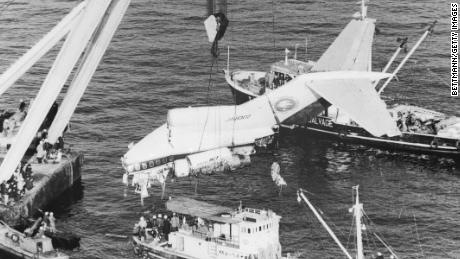 Tail section of the All Nippon Airways Boeing 727 jetliner, which crashed in Tokyo Bay with 133 persons aboard in 1966.