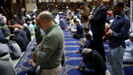 Muslim Americans take part in Friday prayers at the Dar Al Hijrah Islamic  in Falls Church, Virginia.