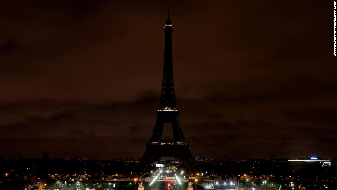 The lights of the Eiffel Tower in Paris are shut off early on March 16 in tribute to the victims of the Christchurch terrorist attack.