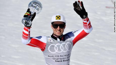 SOLDEU, ANDORRA - MARCH 16: Marcel Hirscher of Austria takes 1st place in the overall standings during the Audi FIS Alpine Ski World Cup Men&#39;s Giant Slalom on March 16, 2019 in Soldeu Andorra. (Photo by Alain Grosclaude/Agence Zoom/Getty Images)