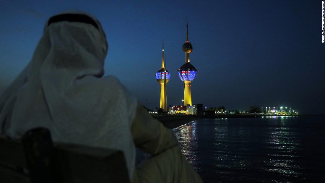 The Kuwait Towers display the flag of New Zealand in solidarity with the victims of the Christchurch mosque attacks in Kuwait City on March 17.