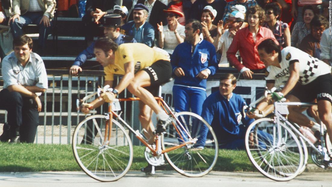 Merckx (yellow jersey) won the last of his record five Tour de France wins in 1974, seen her racing in the velodrome municipal in Vincennes on his way to victory.  