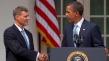 President Barack Obama shakes hands with Alan Krueger after announcing his choice of Krueger to become chairman of the Council of Economic Advisers, Monday, Aug. 29, 2011, in the Rose Garden of the White House in Washington. (AP Photo/Carolyn Kaster)