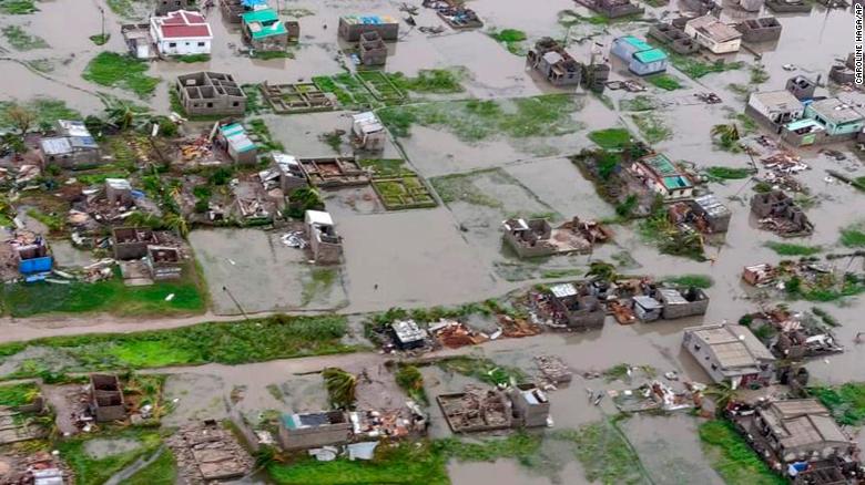 This image made available by International Federation of Red Cross and Red Crescent Societies (IFRC) on Monday March 18, 2019, shows an aerial view from a helicopter of flooding in Beira, Mozambique. The Red Cross says that as much as 90 percent of Mozambique's central port city of Beira has been damaged or destroyed by tropical Cyclone Idai.