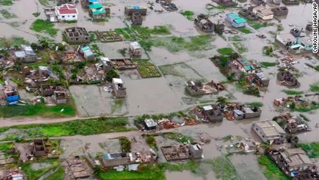 This image made available by International Federation of Red Cross and Red Crescent Societies (IFRC) on Monday March 18, 2019, shows an aerial view from a helicopter of flooding in Beira, Mozambique. The Red Cross says that as much as 90 percent of Mozambique's central port city of Beira has been damaged or destroyed by tropical Cyclone Idai.